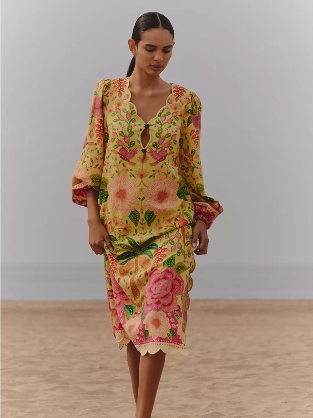FARM Rio x Anthropologie Chartreuse Linen Blend Scalloped Trim Dress Size XS NWT